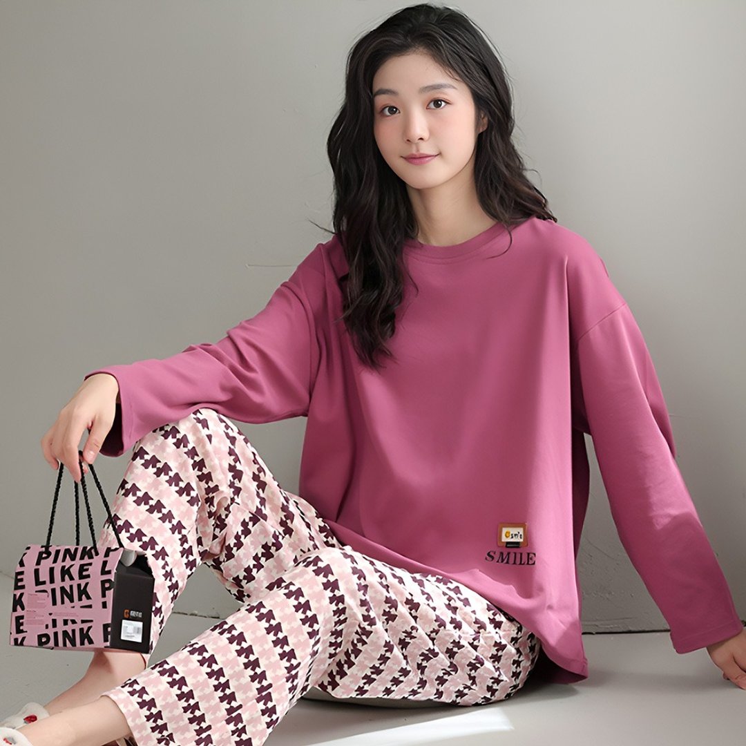 Pink Lady 成套两件式 长袖棉柔睡衣 紫漾千鸟 圆领居家服 - 居家服/睡衣 - 棉．麻 紫色