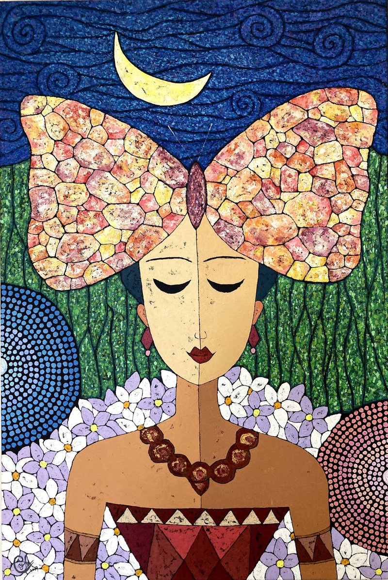 蝴蝶女孩绘画－生命流动1 - 订制画像 - 棉．麻 多色