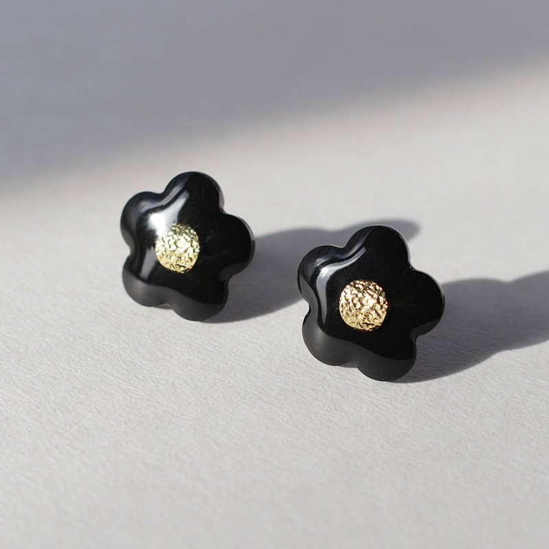 Simple Flower (Black) Earrings / Clip-On - 耳环/耳夹 - 塑料 黑色