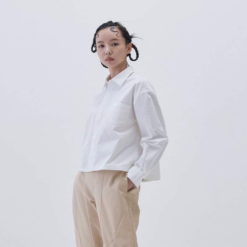 暗门襟衬衫 - 女装衬衫 - 棉 白色