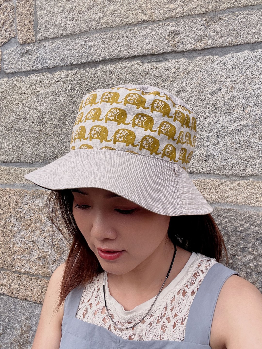 防泼水双面宽檐渔夫帽  黄色大象 - 帽子 - 棉．麻 黄色