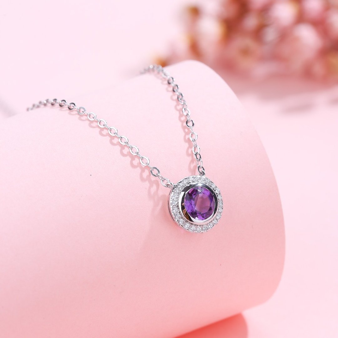 紫水晶925纯银精镀亮泽白金项链 - 项链 - 宝石 紫色