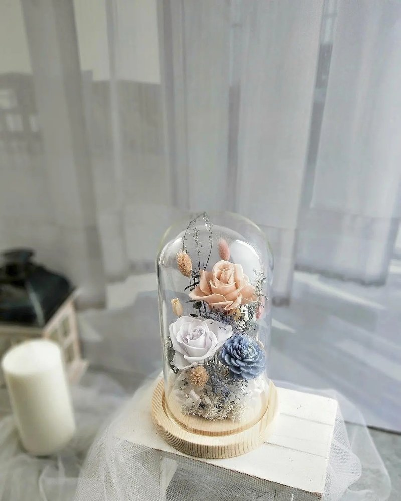 毕业礼物-莫兰迪粉蓝 永生花盅 玻璃罩毕业 老师礼物 - 干燥花/捧花 - 植物．花 粉红色