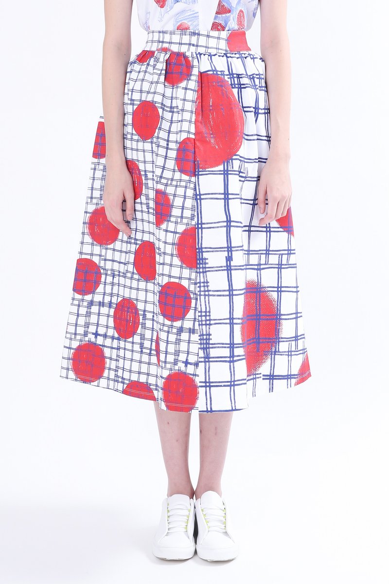 ZIZTAR 波点与线条红白及膝裙 - 裙子 - 棉．麻 白色