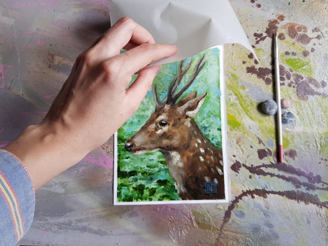 Small original animal - Deer portrait artwork hand painted oil painting - 墙贴/壁贴 - 其他材质 