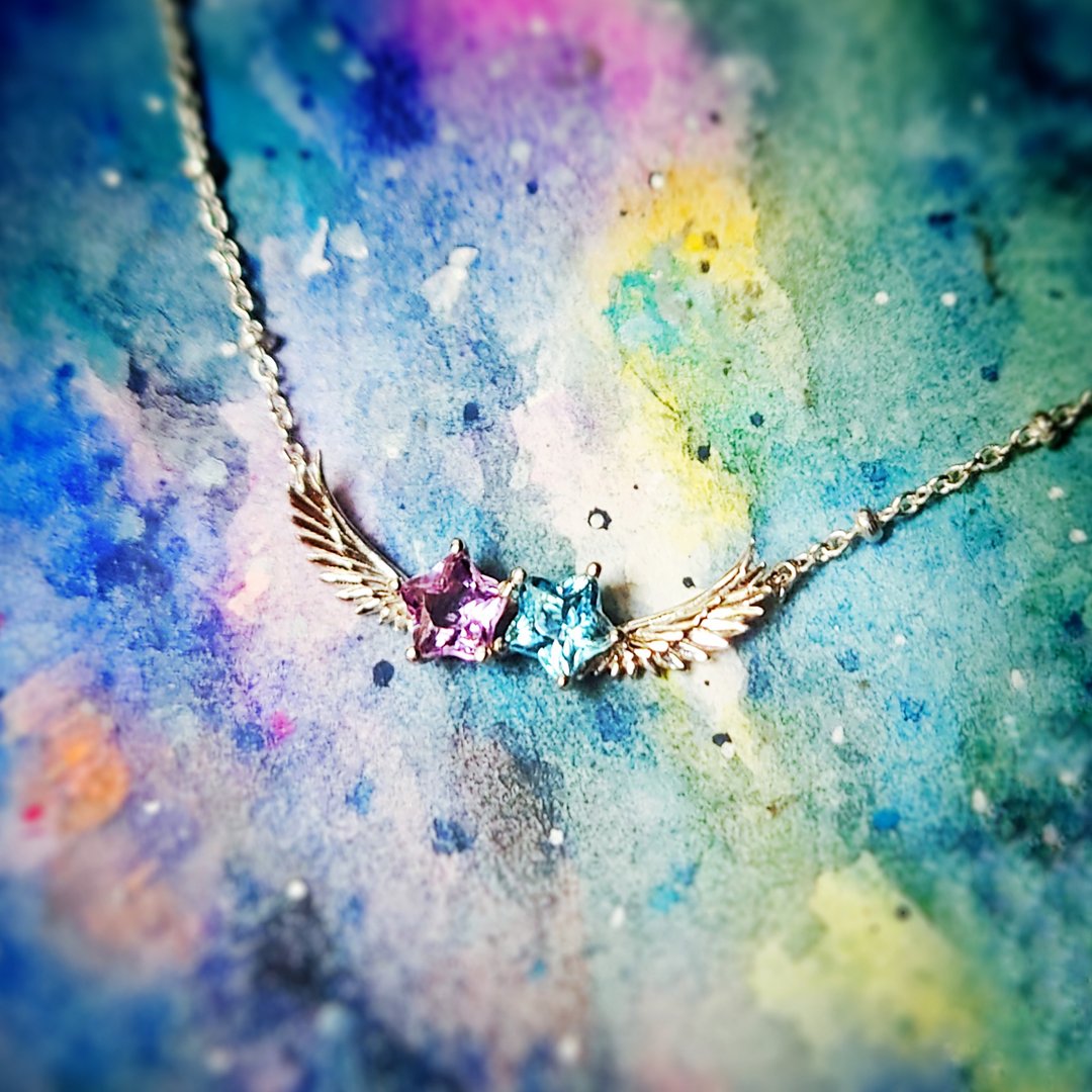 飞翔双子星星紫晶瑞士蓝托帕石纯银颈链 - 项链 - 半宝石 紫色