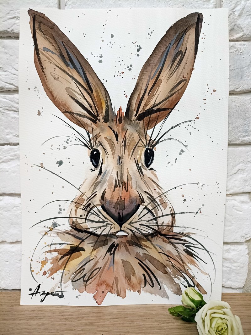 Hare Watercolor original rabbit room decor animal painting art by Anne Gorywine - 墙贴/壁贴 - 纸 银色