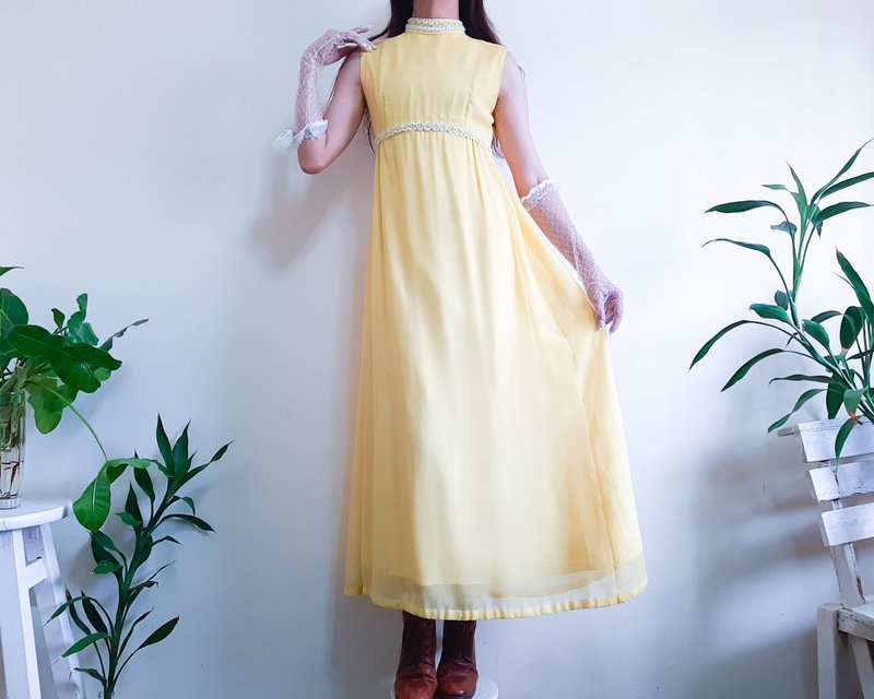 复古 20 世纪 60 年代亮黄色长裙黄色雪纺晚礼服裙 S 码 - 洋装/连衣裙 - 聚酯纤维 黄色