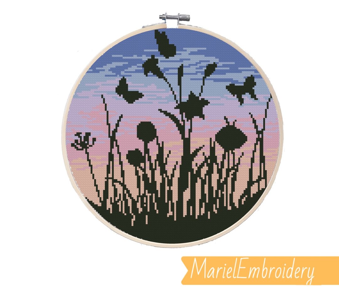 Cross stitch pattern Flowers at sunset, Nature cross stitch landscape Embroidery - 编织/刺绣/羊毛毡/裁缝 - 其他材质 粉红色