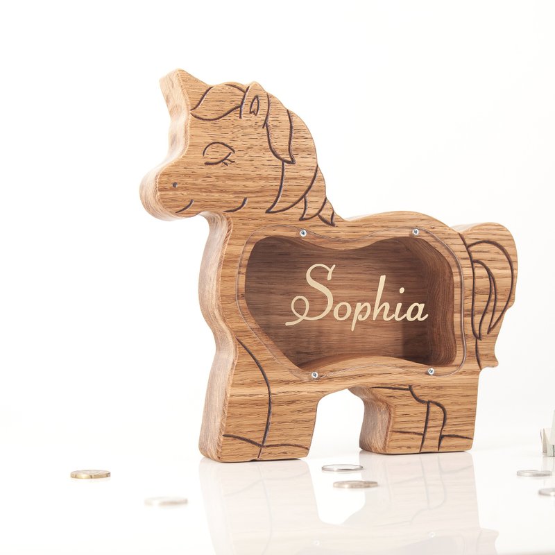 Wooden Unicorn piggy bank Customized gift girl coin bank wooden animal Christmas - 储蓄罐 - 木头 