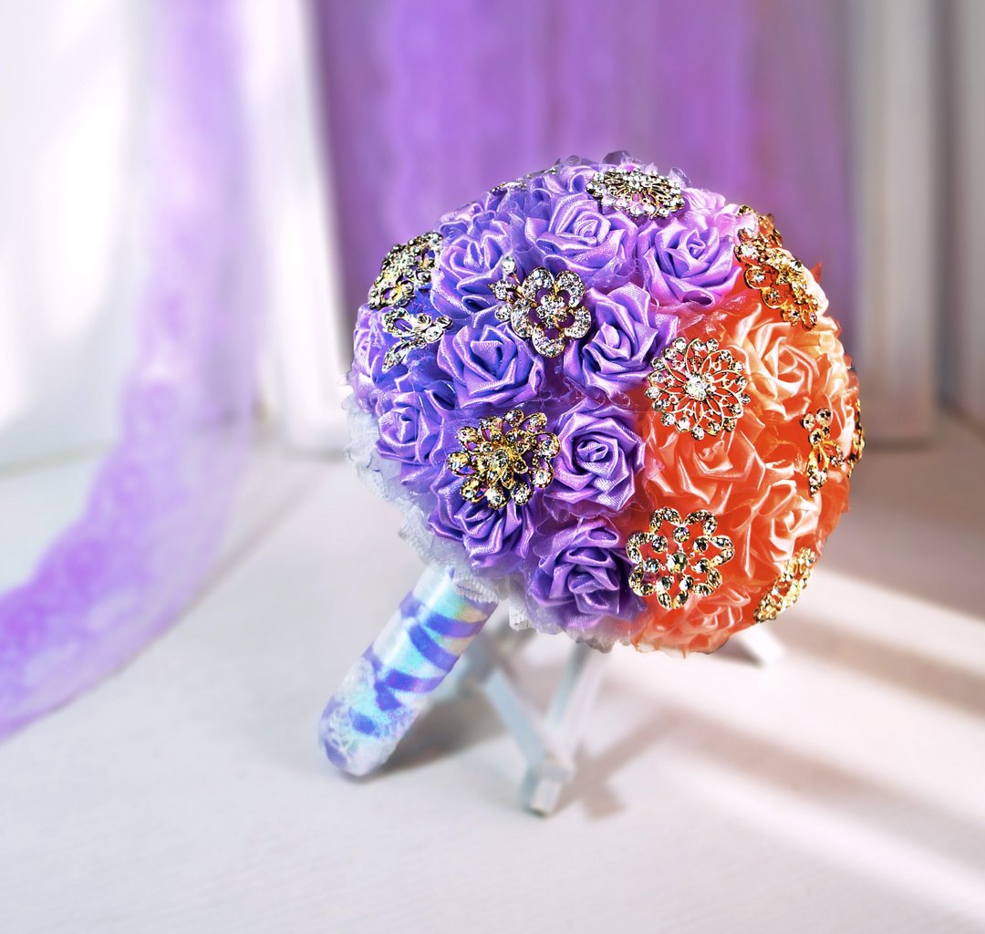 珠宝捧花-紫橘双面玫瑰 手工珍珠缎带 水钻 花束 手捧花 - 干燥花/捧花 - 植物．花 紫色