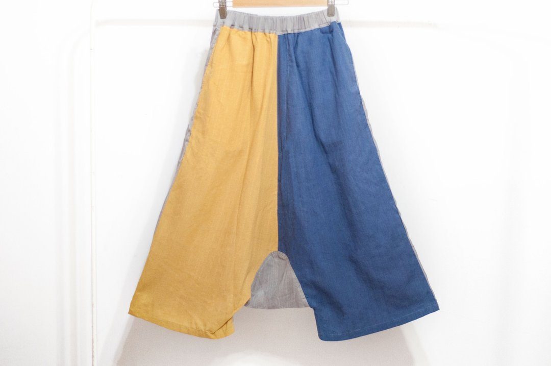 手工织布宽裤/撞色色块宽裤/ethnic pants-蓝染水彩盘棉麻飞鼠裤 - 女装长裤 - 棉 多色
