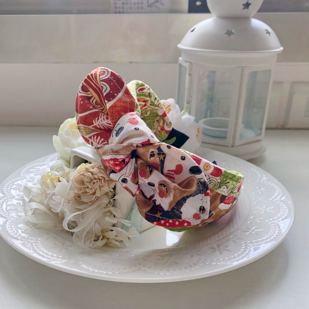 纯棉拼布绑结蝴蝶结发箍头箍发饰-热闹动物圣诞节 - 发饰 - 棉 红色