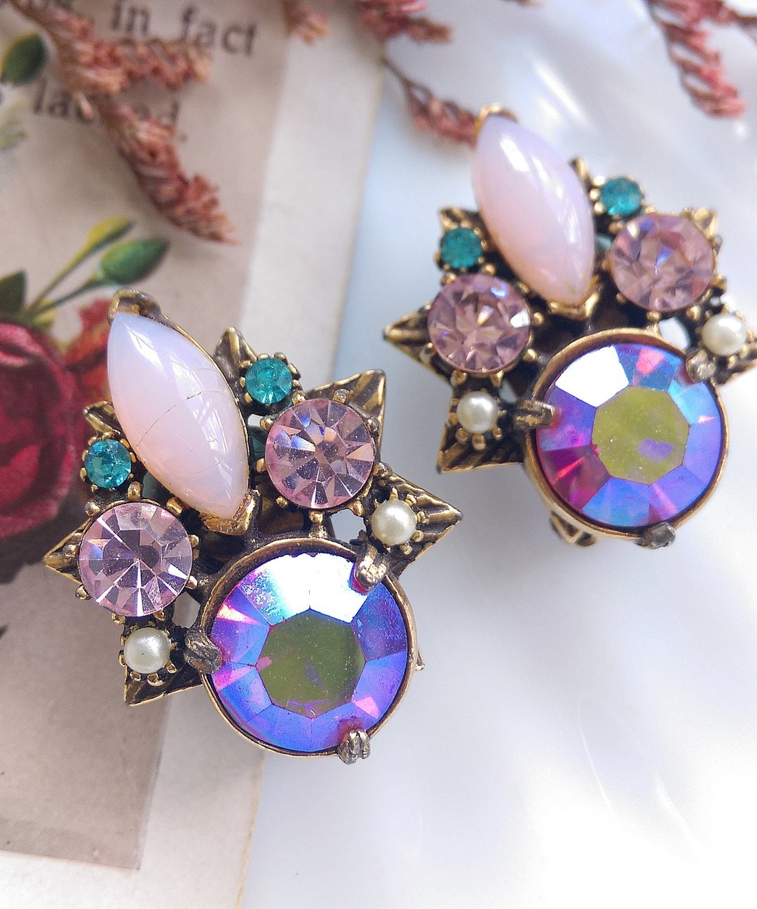 Vintage Jewelry 西洋古董饰品 FLORENZA 粉红马眼 花形 夹式耳环 - 耳环/耳夹 - 其他金属 金色