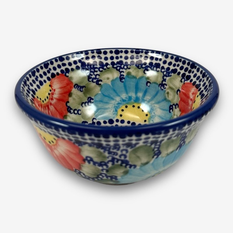 波兰手绘手工陶-饭碗 11.5cm 橘蓝大花系列 设计师款 - 碗 - 陶 多色