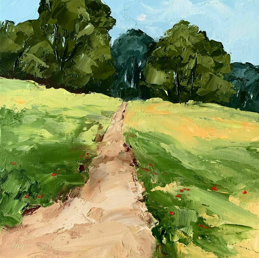 Original Green Landscape Trees Painting Road Landscape Oil Painting Impasto Art - 墙贴/壁贴 - 棉 绿色