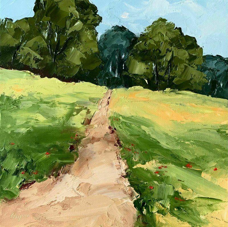 Original Green Landscape Trees Painting Road Landscape Oil Painting Impasto Art - 墙贴/壁贴 - 棉．麻 绿色