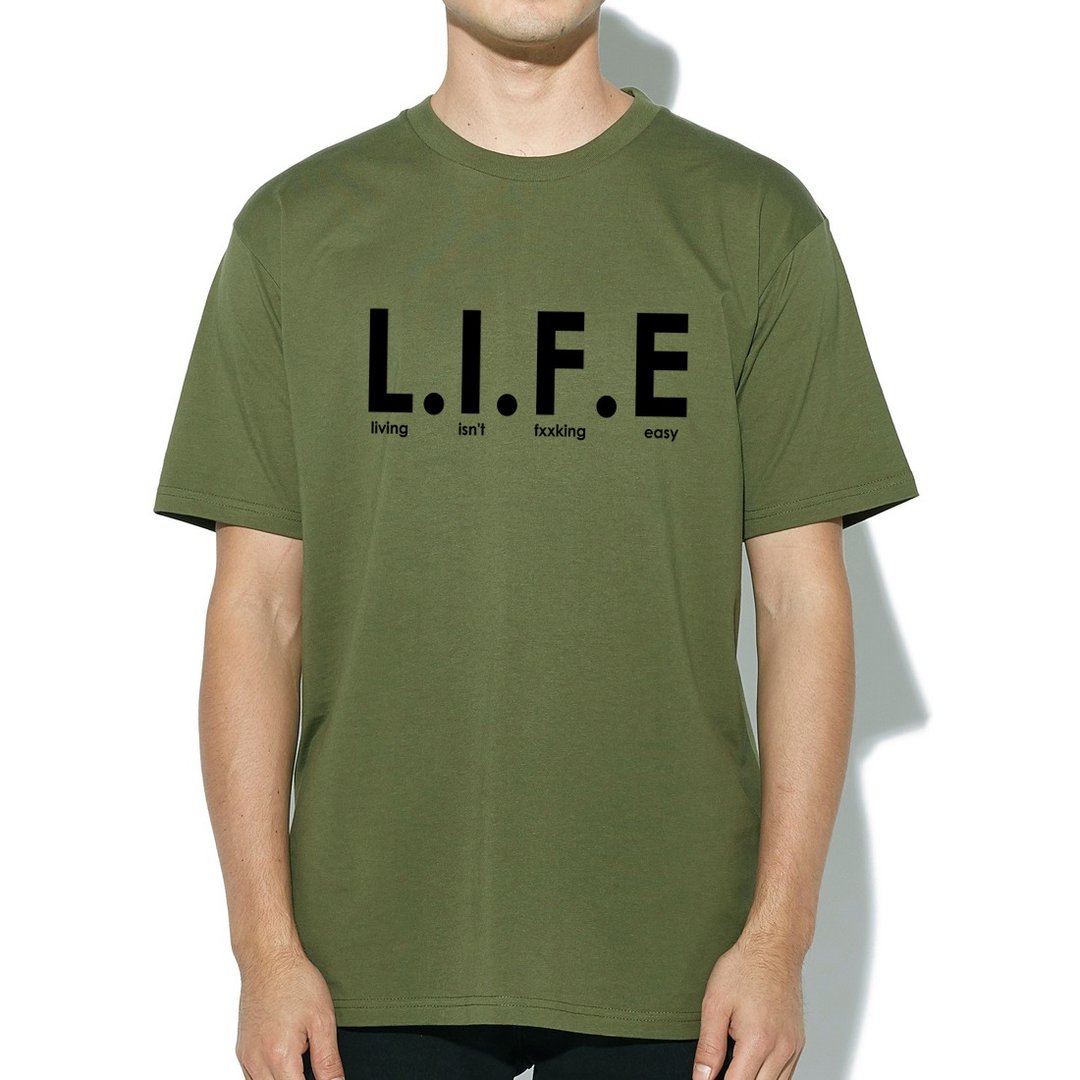 Living isn't fxxking easy LIFE 短袖T恤 军绿色 文字 英文 生活 - 男装上衣/T 恤 - 棉 绿色