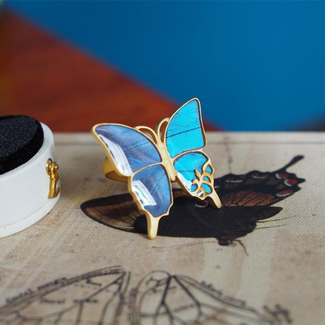 Large antique ring of morpho butterflies - 戒指 - 其他金属 蓝色