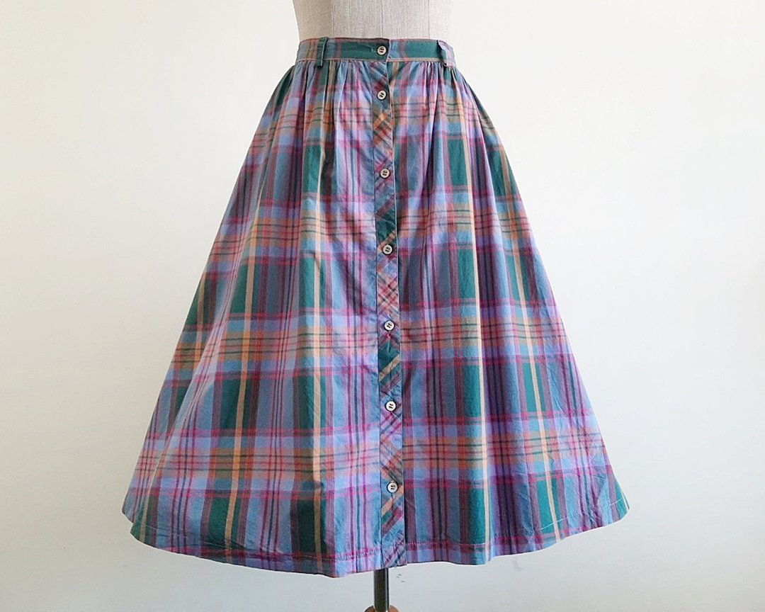 Vintage Green Plaid Skirt - 裙子 - 棉．麻 绿色