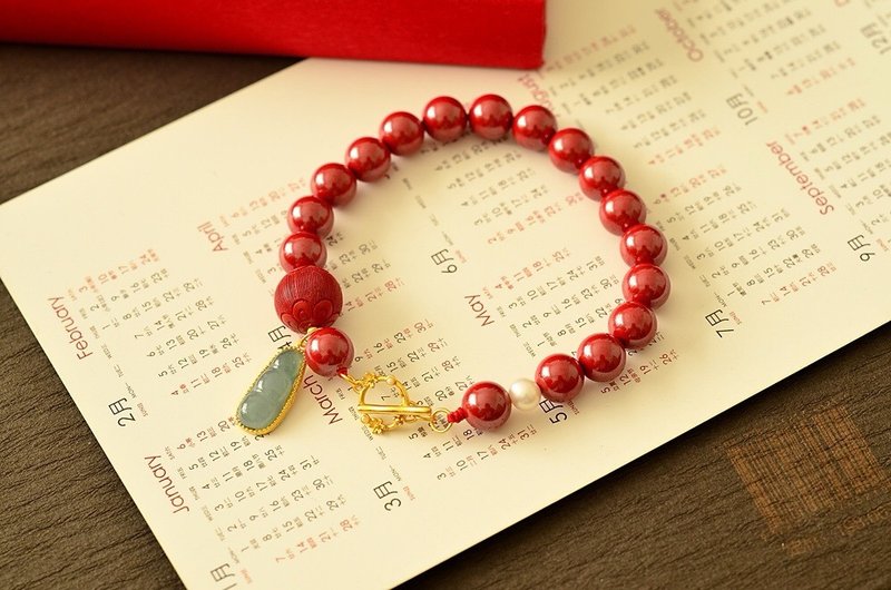 天然原矿朱砂. 帝王砂 瓜料蓝水翡翠纯银鎏设计单圈手串 - 手链/手环 - 木头 红色