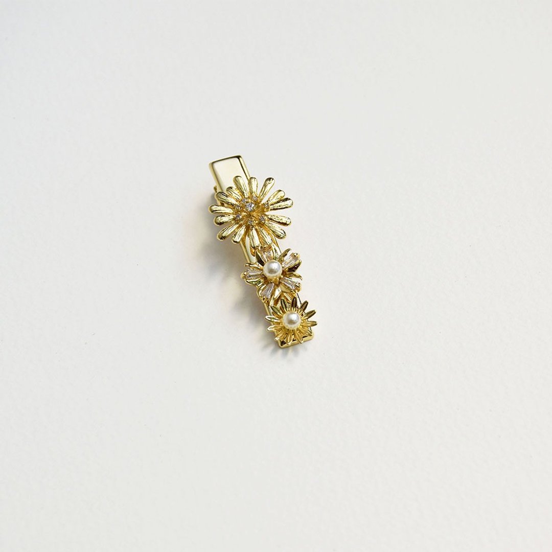 【春夏新品】繁花盛开黄  铜锆石发夹 - 发饰 - 珍珠 金色
