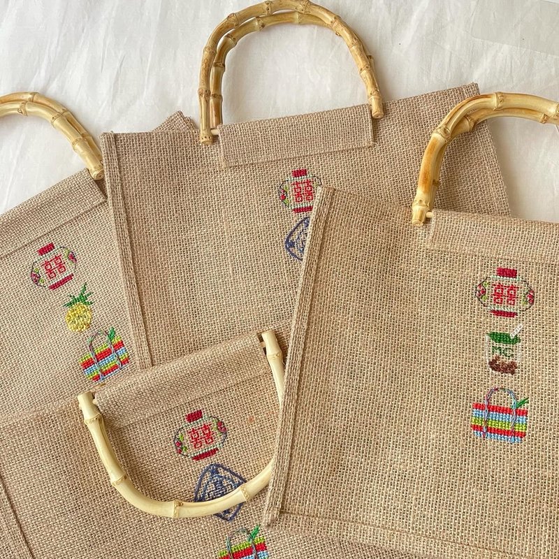 竹制提把麻编袋 - 手提包/手提袋 - 棉．麻 咖啡色