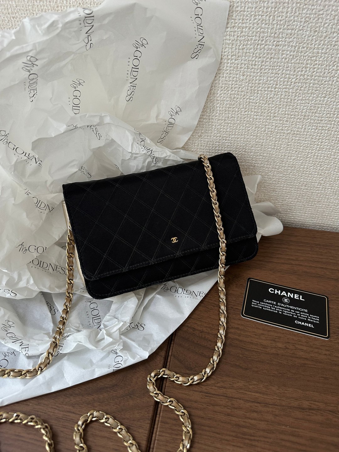 中古包 Chanel 香奈儿 CC 拼皮银包 WOC 香槟金链 - 皮夹/钱包 - 真皮 黑色