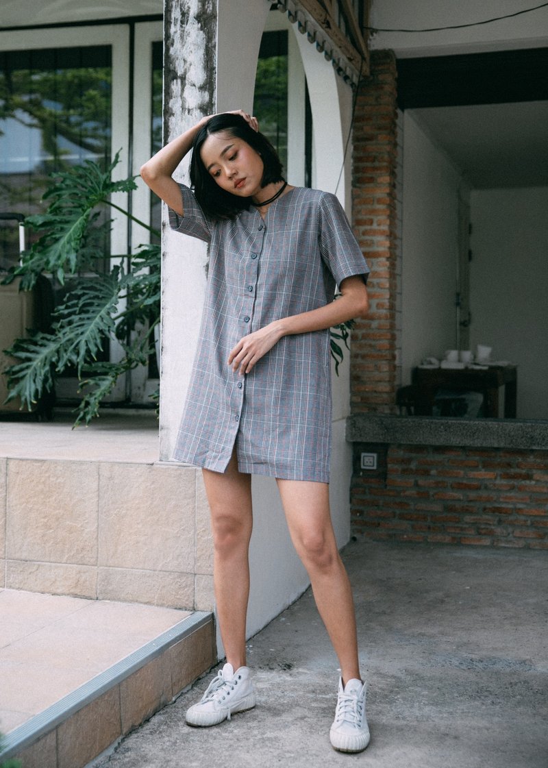 WARM GREY CHECK PLAID V NECK BUTTON FRONT DRESS - 洋装/连衣裙 - 其他材质 灰色