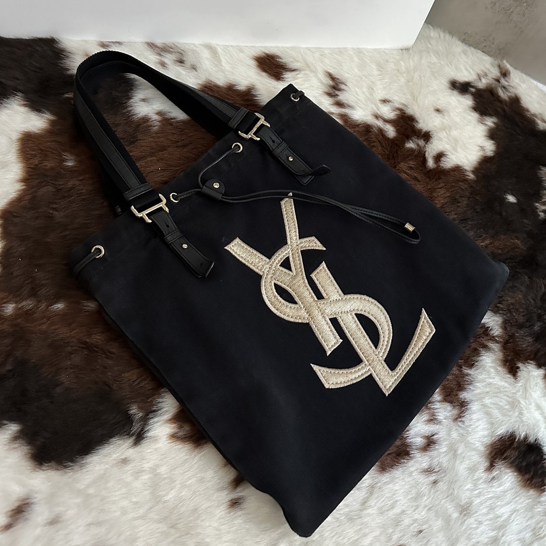 YSL 圣罗兰 Rive Gauche Kahala 帆布 黑色×深蓝 束口手提包 - 手提包/手提袋 - 棉 黑色