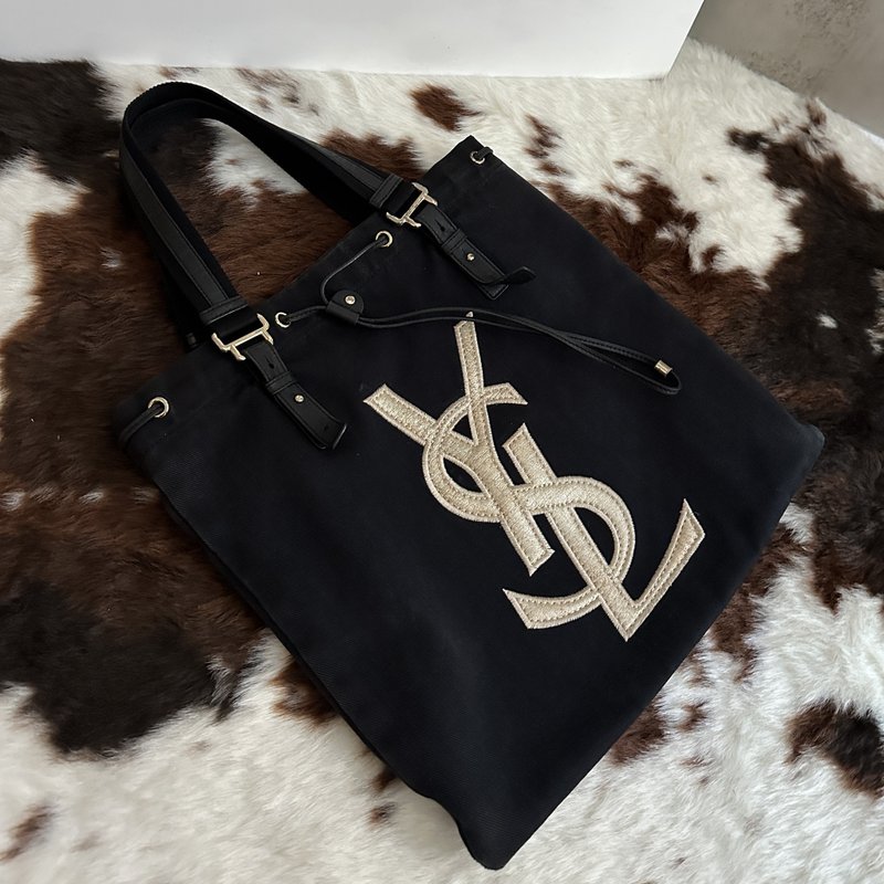 YSL 圣罗兰 Rive Gauche Kahala 帆布 黑色×深蓝 束口手提包 - 手提包/手提袋 - 棉．麻 黑色