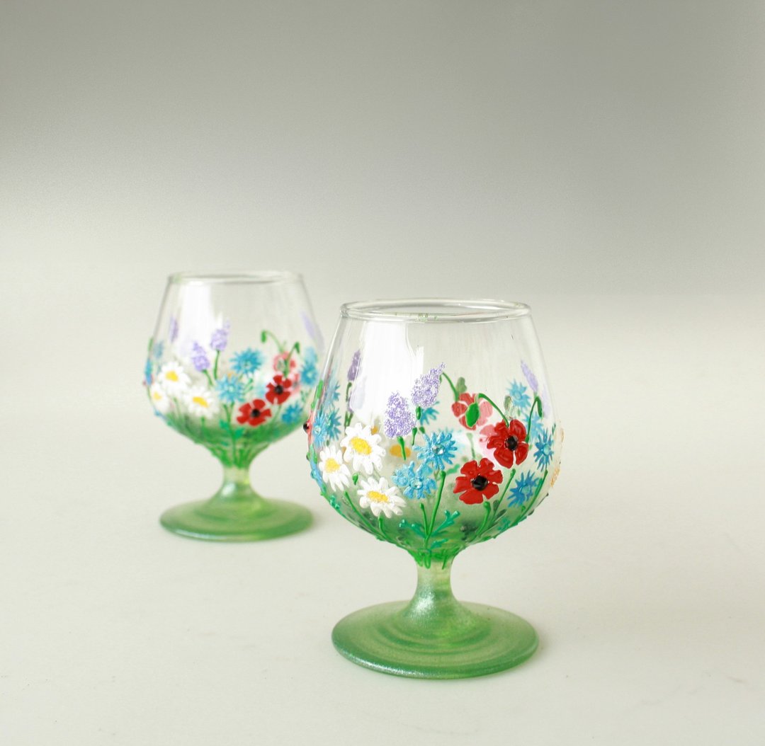 Brandy Whiskey Glasses Green  Hand Painted Wildflowers set of 2 - 酒杯/酒器 - 玻璃 多色