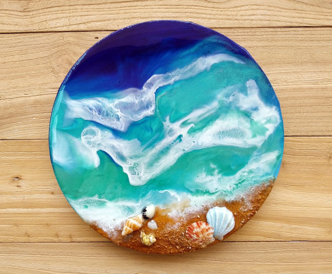 【浪】蔚蓝海滩树脂画 | 玻璃水蓝色 | 海洋风金沙滩 | 天然贝壳 - 海报/装饰画/版画 - 树脂 