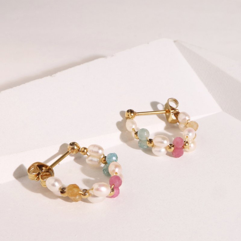 少女心。碧玺珍珠耳环 - 耳环/耳夹 - 不锈钢 多色