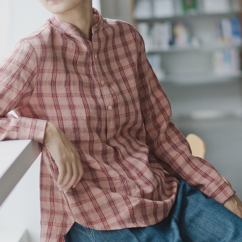 先染織物 亞麻復古套頭格子襯衫 粉橘色 SH190529 - 女装衬衫 - 棉．麻 粉红色