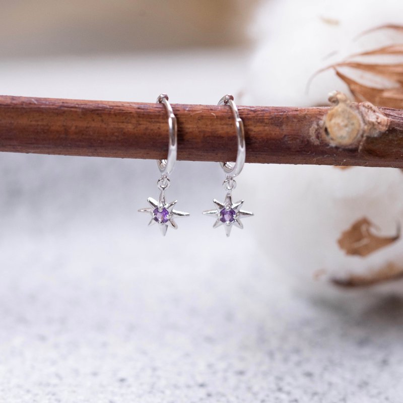 紫水晶925纯银星芒耳扣耳环 - 耳环/耳夹 - 宝石 银色