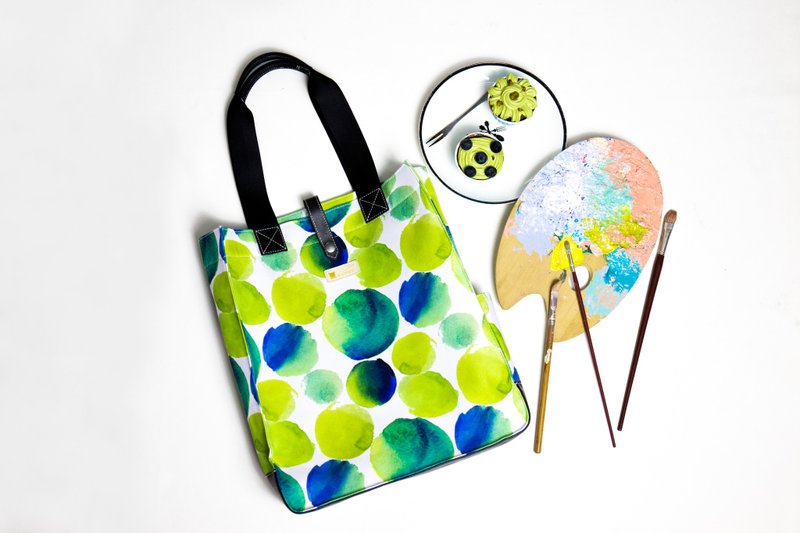 MR.STORE 自家制 纯手工 夏日水彩蓝绿帆布休闲单肩包 - 手提包/手提袋 - 真皮 绿色