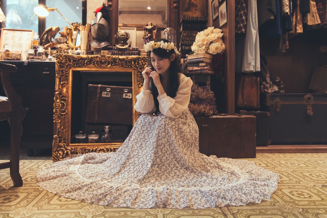 料质Fabric 古董婚纱 1970年 gunne sax 碎花 浅蓝 波西米亚风格 - 洋装/连衣裙 - 其他人造纤维 白色