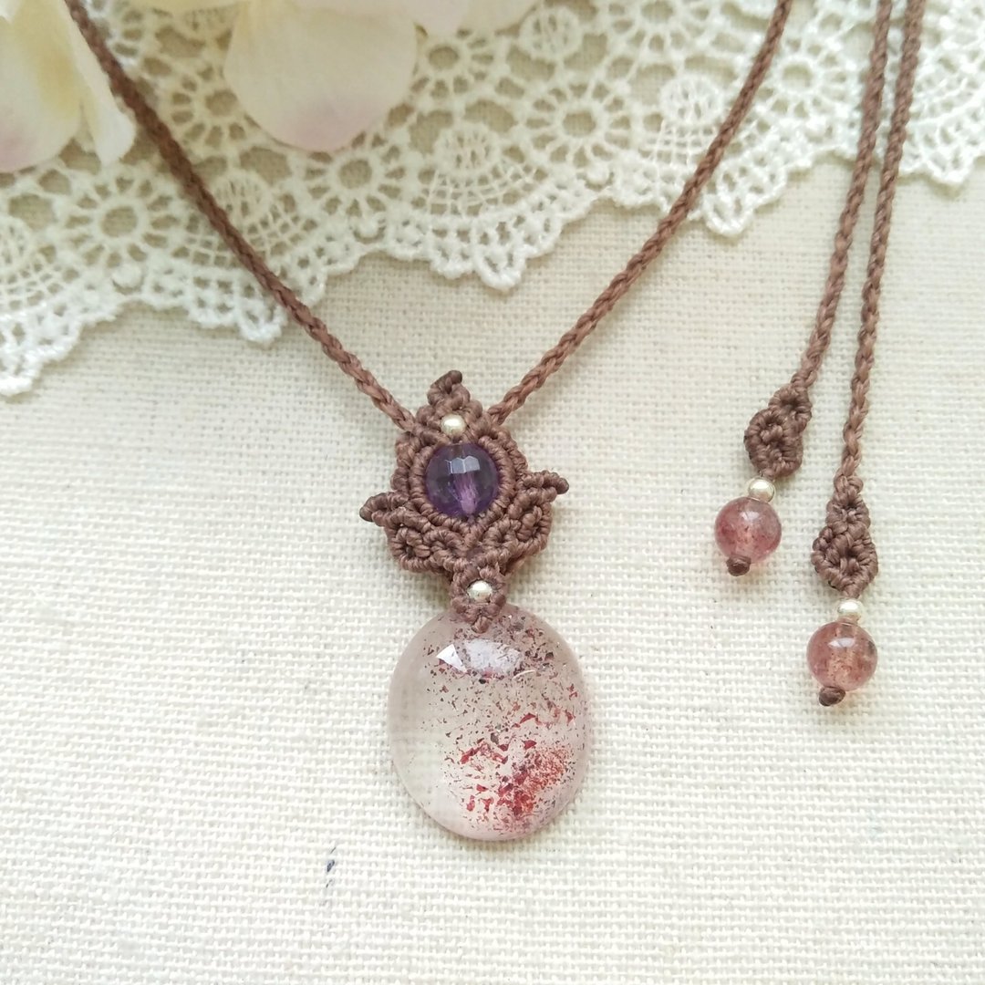 作品展示。花火。草莓晶X南美巴西蜡线项链 - 项链 - 水晶 红色