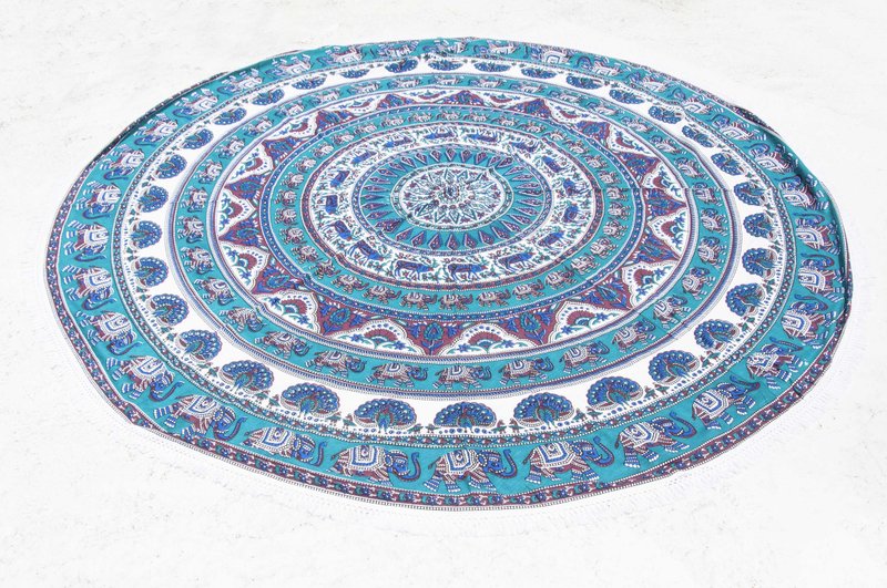 波希米亚流苏滚边圆形沙滩巾/野餐垫-印度动物大象孔雀花朵曼陀罗 - 野餐垫 - 棉．麻 多色