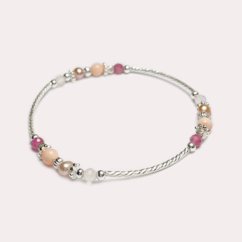 深水宝石珊瑚红碧玺月光石925纯银手链 - 手链/手环 - 宝石 粉红色