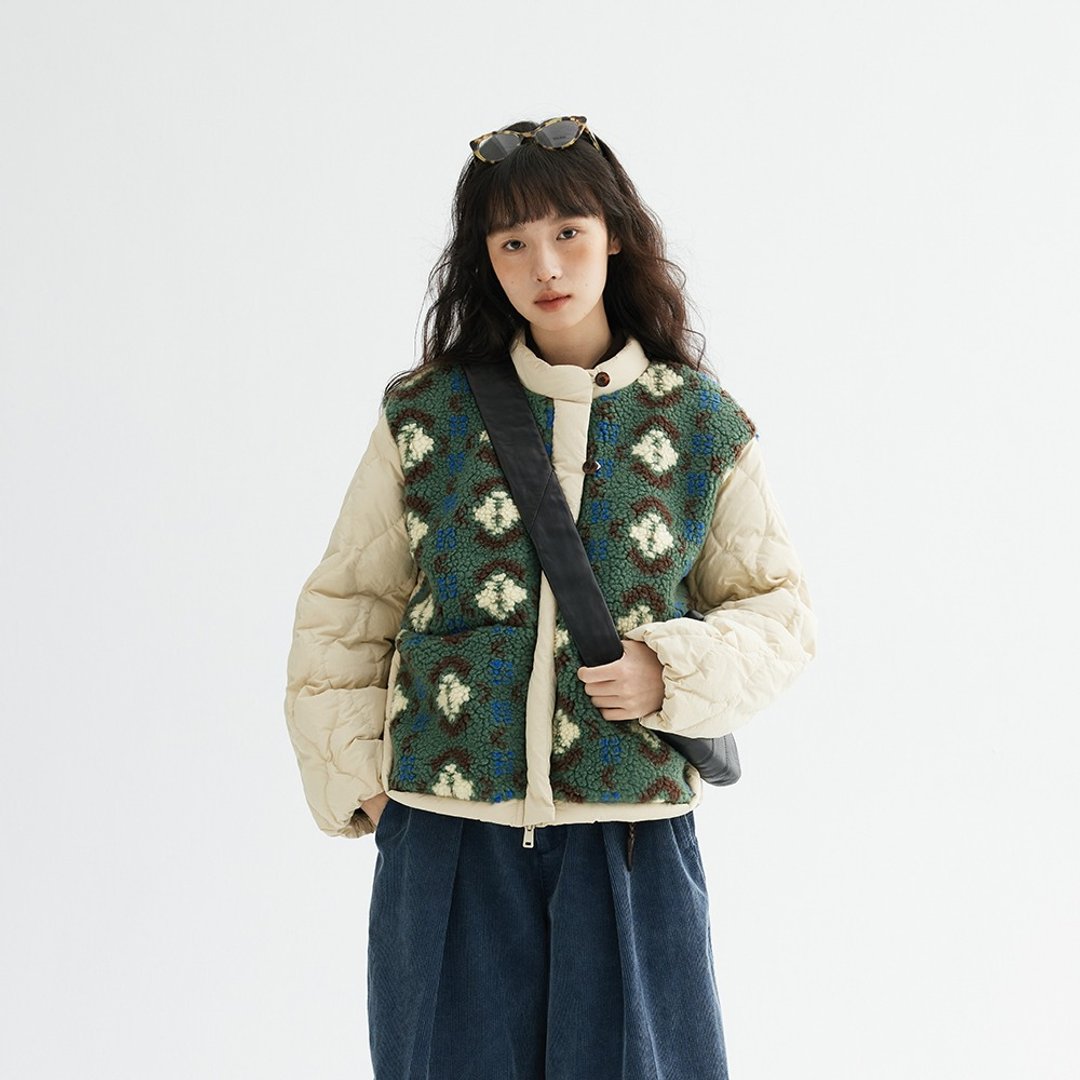 羊羔毛撞色拼接羽绒服|外套|冬款|Sora-1712 - 女装休闲/机能外套 - 其他人造纤维 绿色