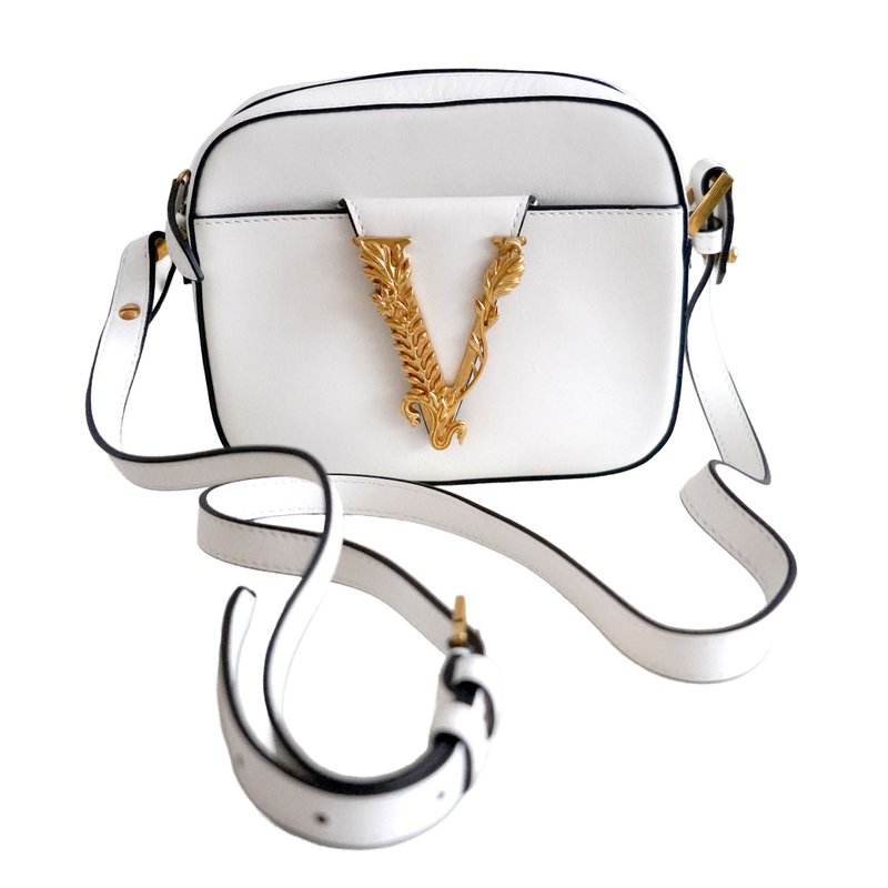 VERSACE Sac Crossbody en Cuir Blanc avec Logo V Doré - 手提包/手提袋 - 真皮 白色