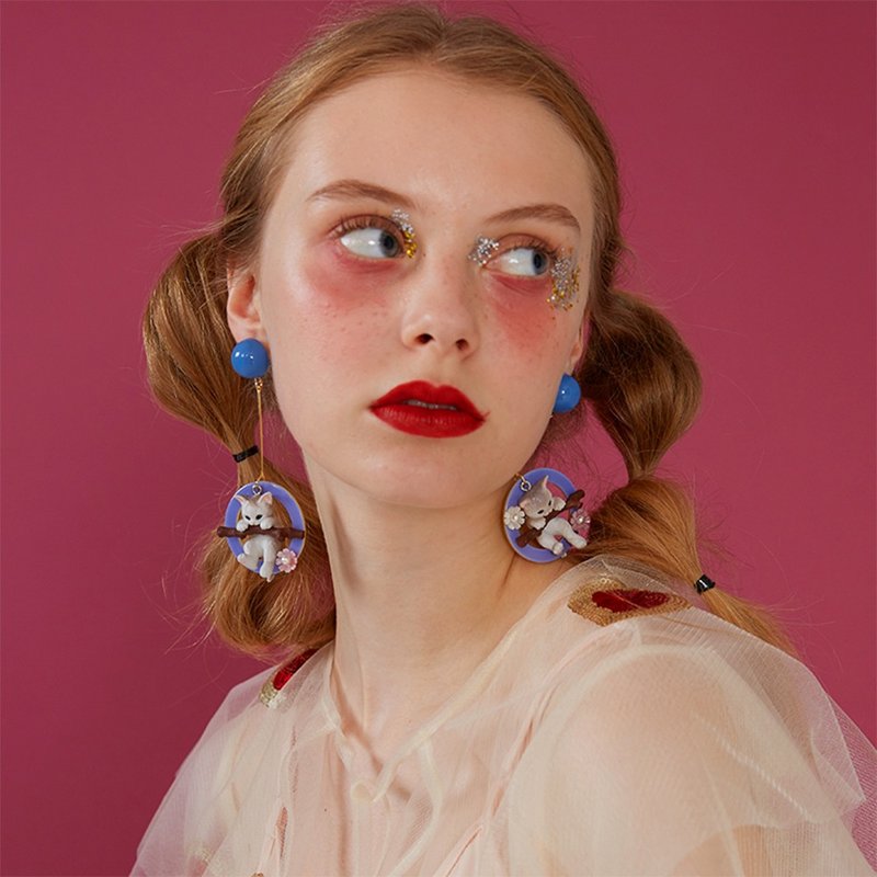 西迟原创设计树枝猫咪夸张大耳环长款个性气质手作树脂耳饰耳坠 - 耳环/耳夹 - 其他材质 蓝色