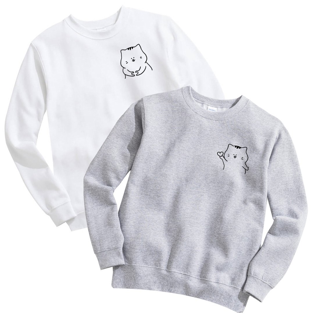 猫咪丢爱心 接爱心 情侣大学T 刷毛中性版3色 情侣装情人节礼物 - 男装上衣/T 恤 - 棉．麻 白色