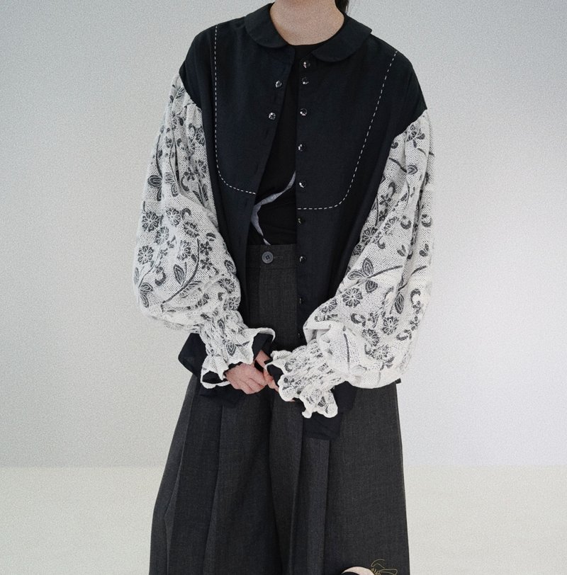 【手工花开】复古中性复古风/双层泡泡袖衬衫/艺术外套 - 其他 - 棉．麻 黑色