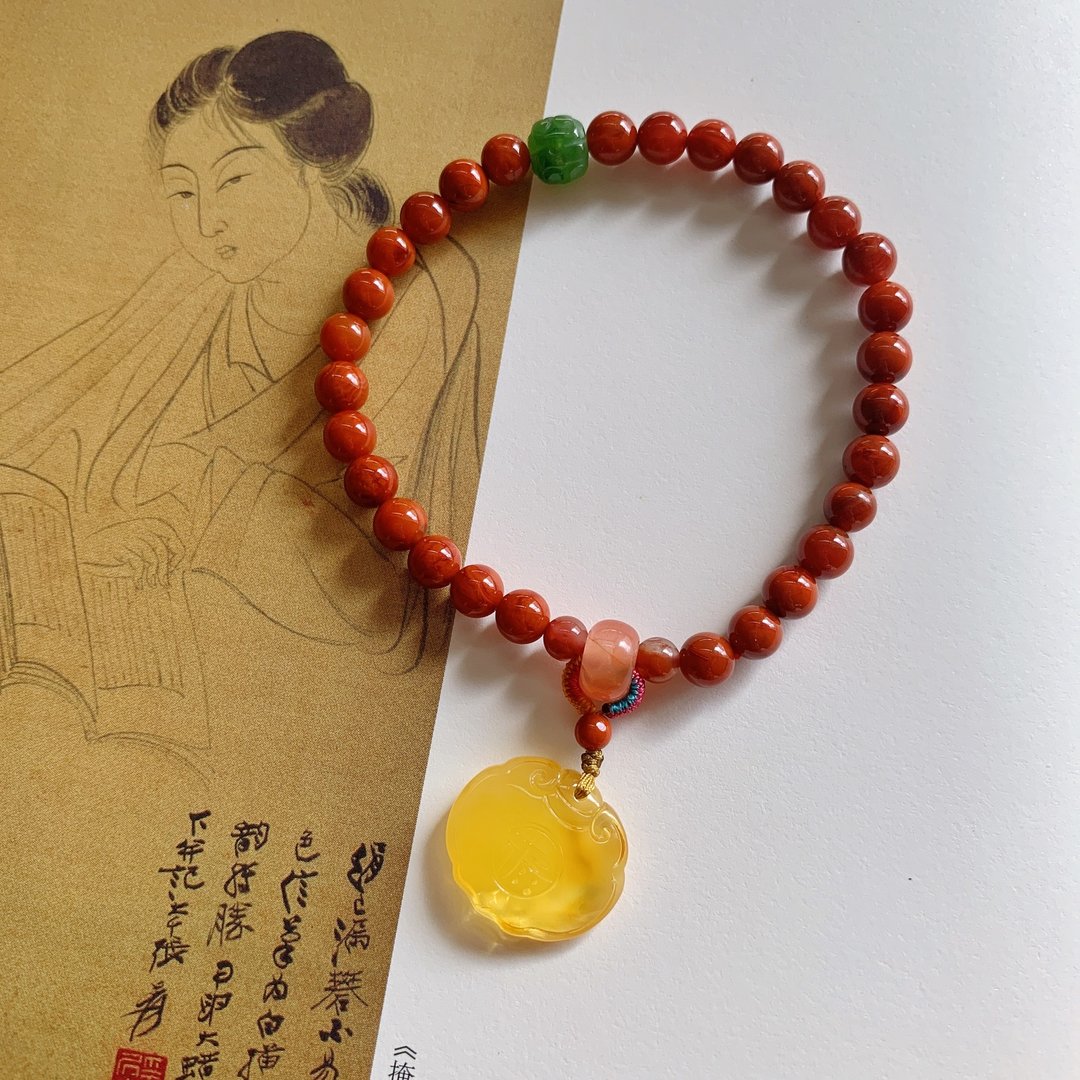 闻香记。天然瓦西料南红 碧玉回纹老型珠 蜜蜡如意锁手链礼物气质 - 手链/手环 - 半宝石 红色