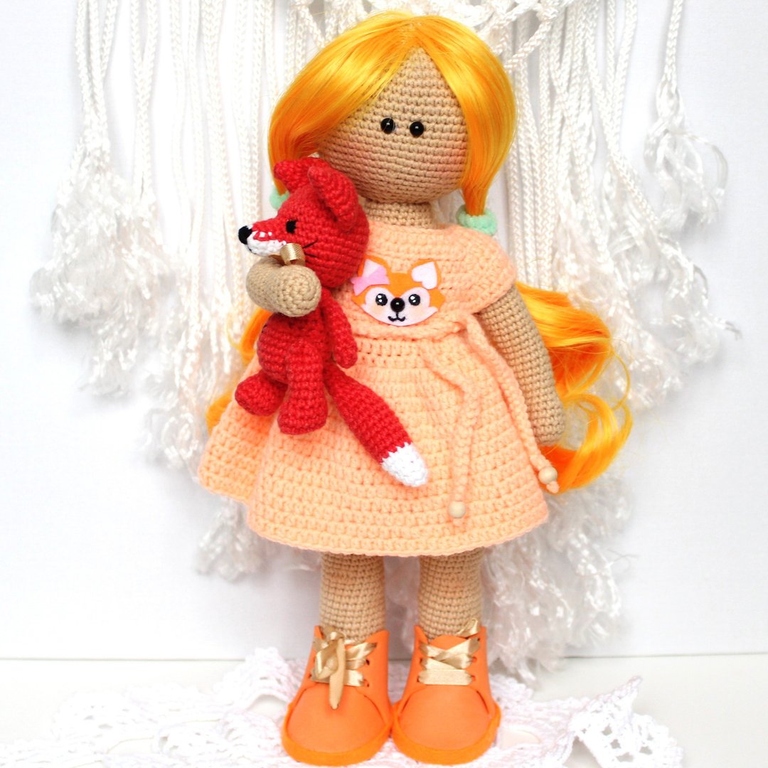 Crochet doll with little fox  Gift set for girl Personalized crochet doll - 玩偶/公仔 - 其他材质 橘色