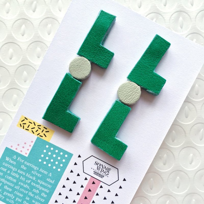 节日礼物 LoL配色皮革耳环 纯银耳针 - 耳环/耳夹 - 真皮 绿色