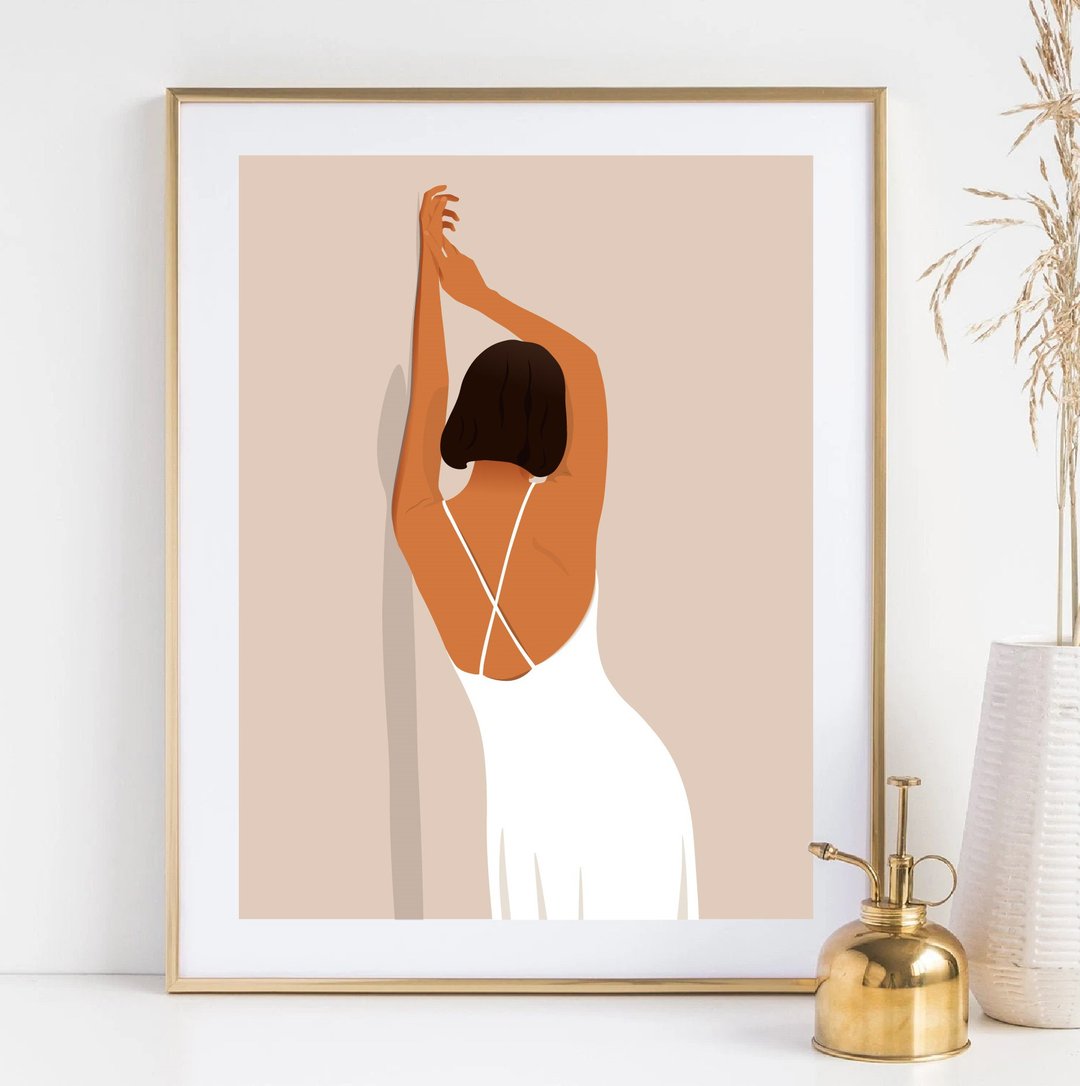 Woman with short hair in white dress, electronic file, beige boho wall art - 海报/装饰画/版画 - 其他材质 咖啡色